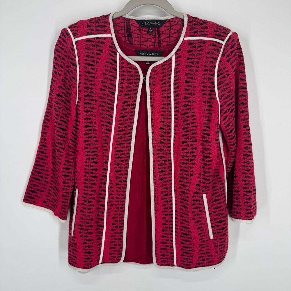 Ming Wang Womans Small Cardigan SET Hot Pink Textured Knit Old Money Acrylic